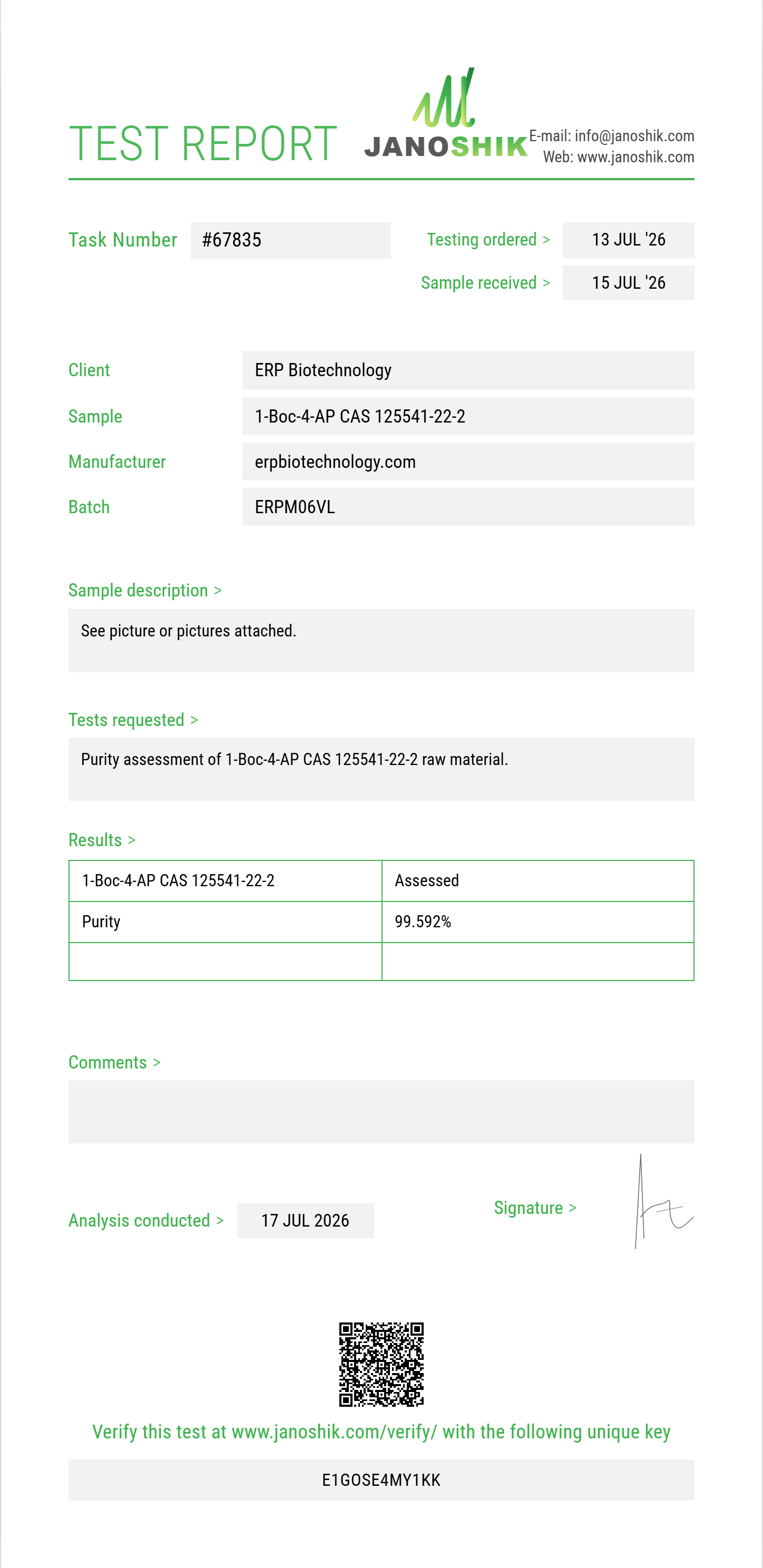 1-Boc-4-AP (tert-butyl 4-(phenylamino)piperidine-1-carboxylate) CAS 125541-22-2 Purity (HPLC) report by Janoshik Analytical