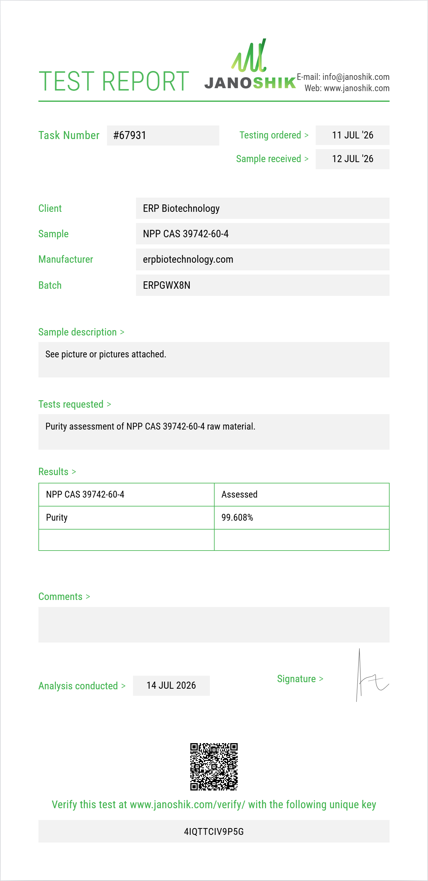 NPP (N-phenethyl-4-piperidone) CAS 39742-60-4 Purity (HPLC) report by Janoshik Analytical