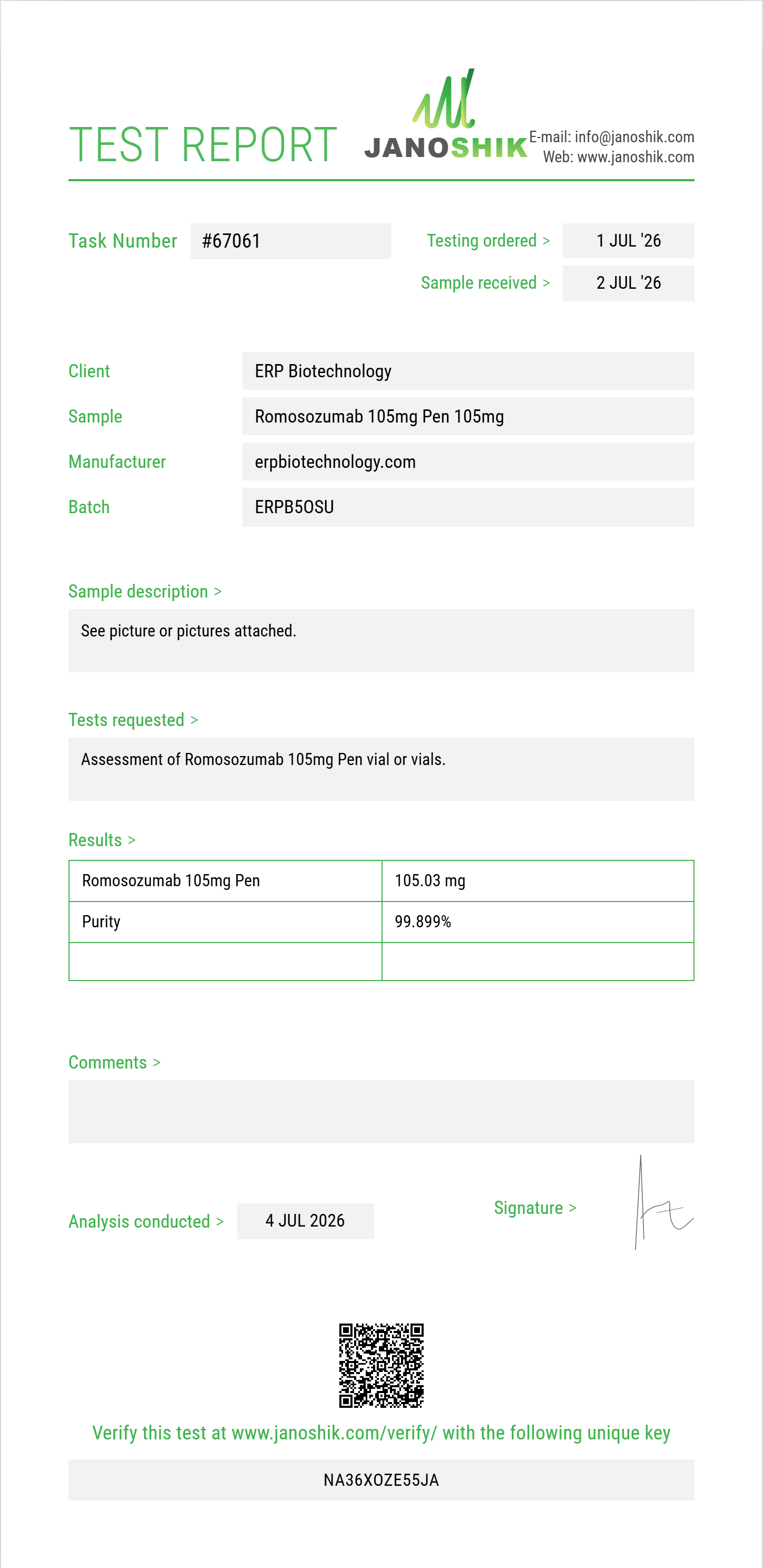 Romosozumab Purity (HPLC) report by Janoshik Analytical