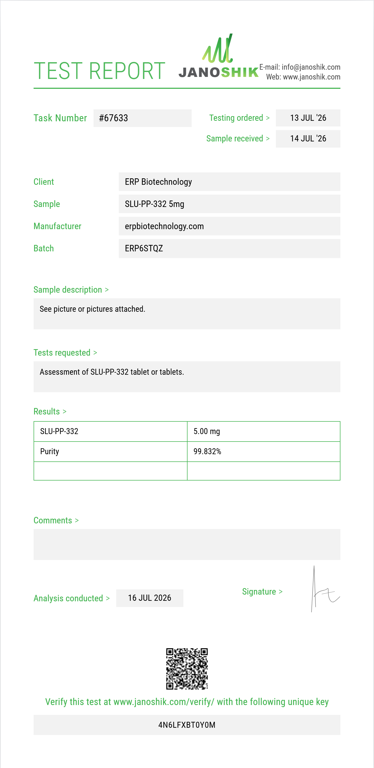 SLU-PP-332 Injectable Purity Test Report by Janoshik