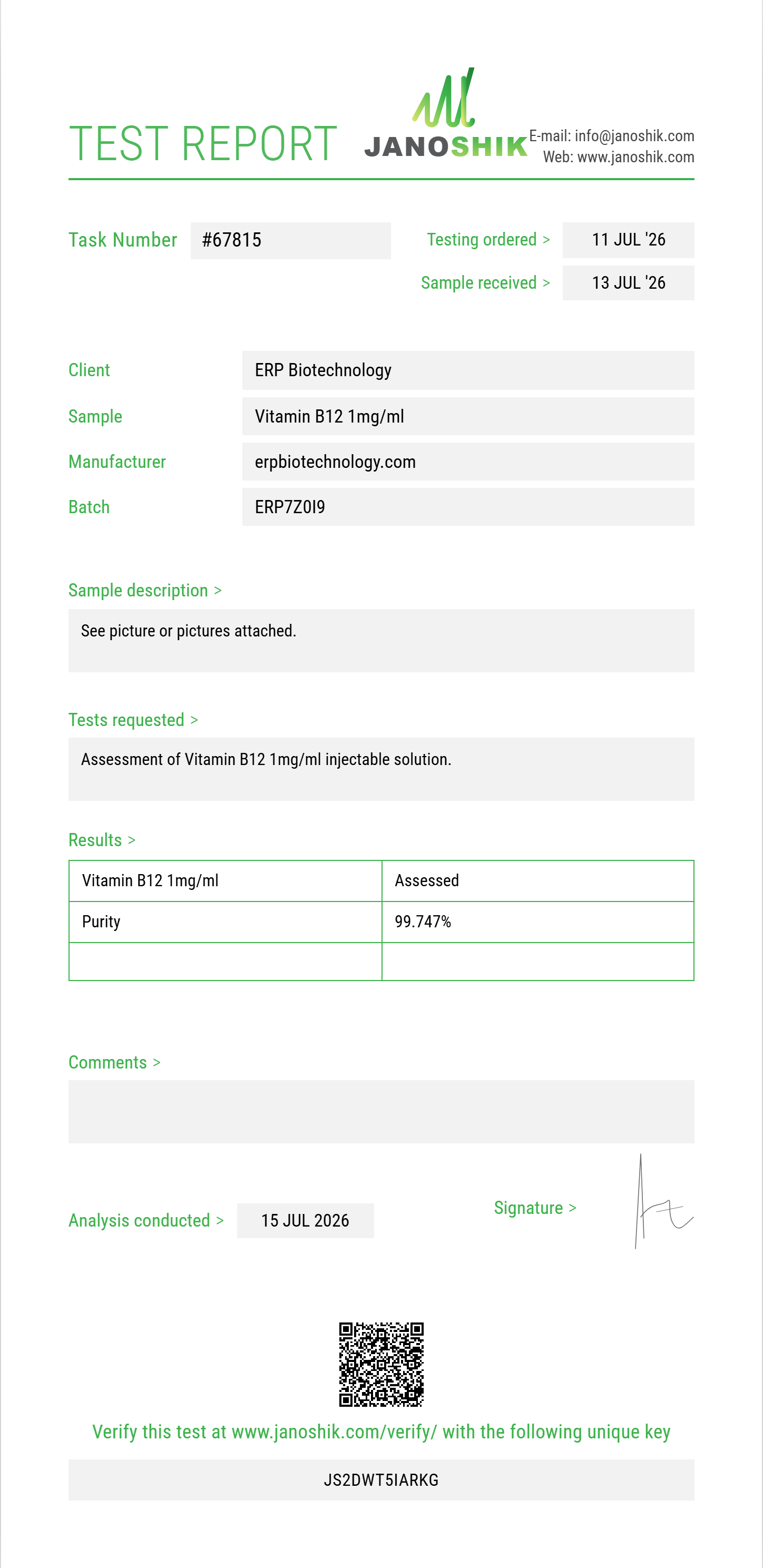 Vitamin B12 1mg/ml Purity (HPLC) report by Janoshik Analytical