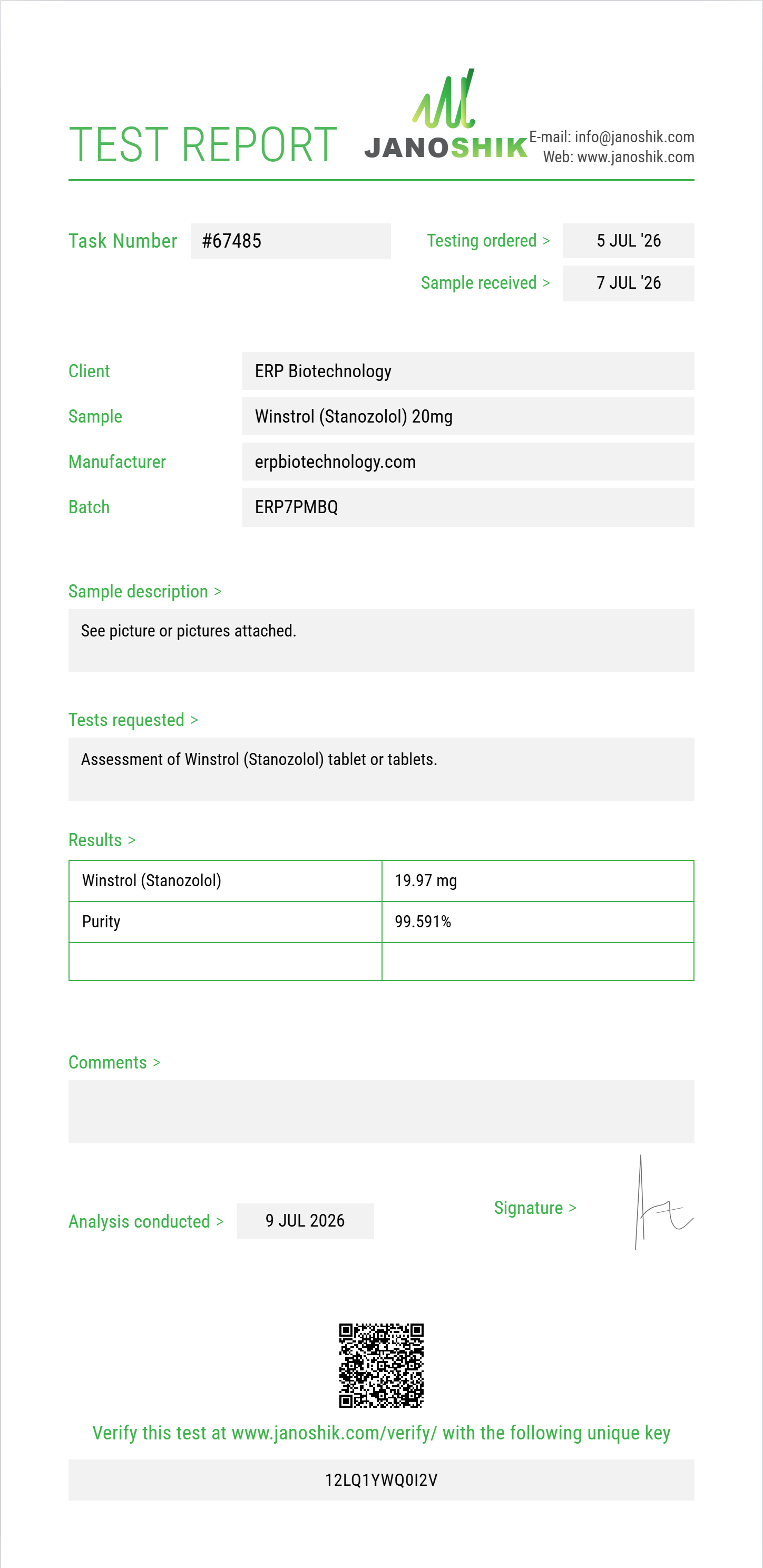 Winstrol (Stanozolol) Purity (HPLC) report by Janoshik Analytical
